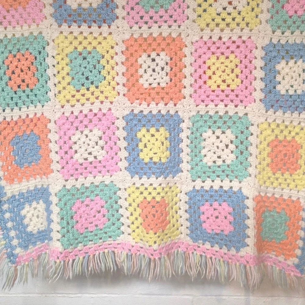 Handmade Bright Multi Color Crochet Granny Square Baby Blanket Fringed Afghan